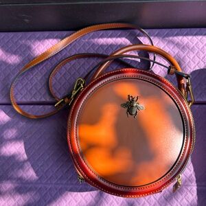 Cute faux leather cross-body circle bumblebee bag - butterscotch caramel color